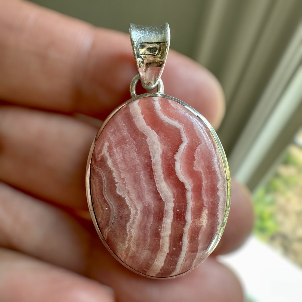 Vintage Artisan Pendant‎ 1.4 Inch Pink Banded Rhodochrosite 925 Sterling 8.7g